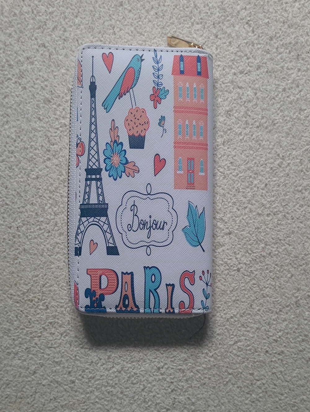 Paris Print Zipper Wallet in Coral & Teal
